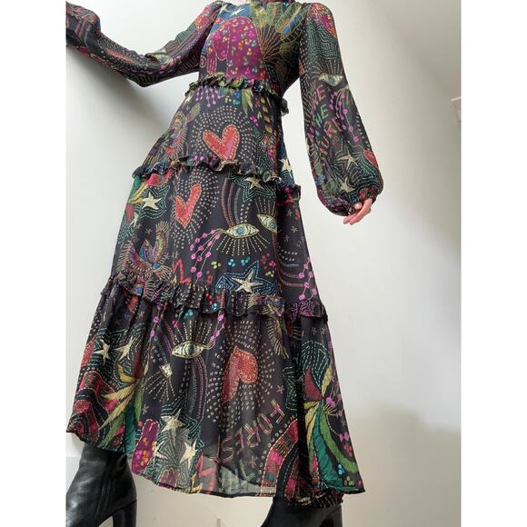 FARM RIO Black Amazonia High Neck Jungle Theme Ruffle Tiers Maxi Dress Size XS - Picture 5 of 16